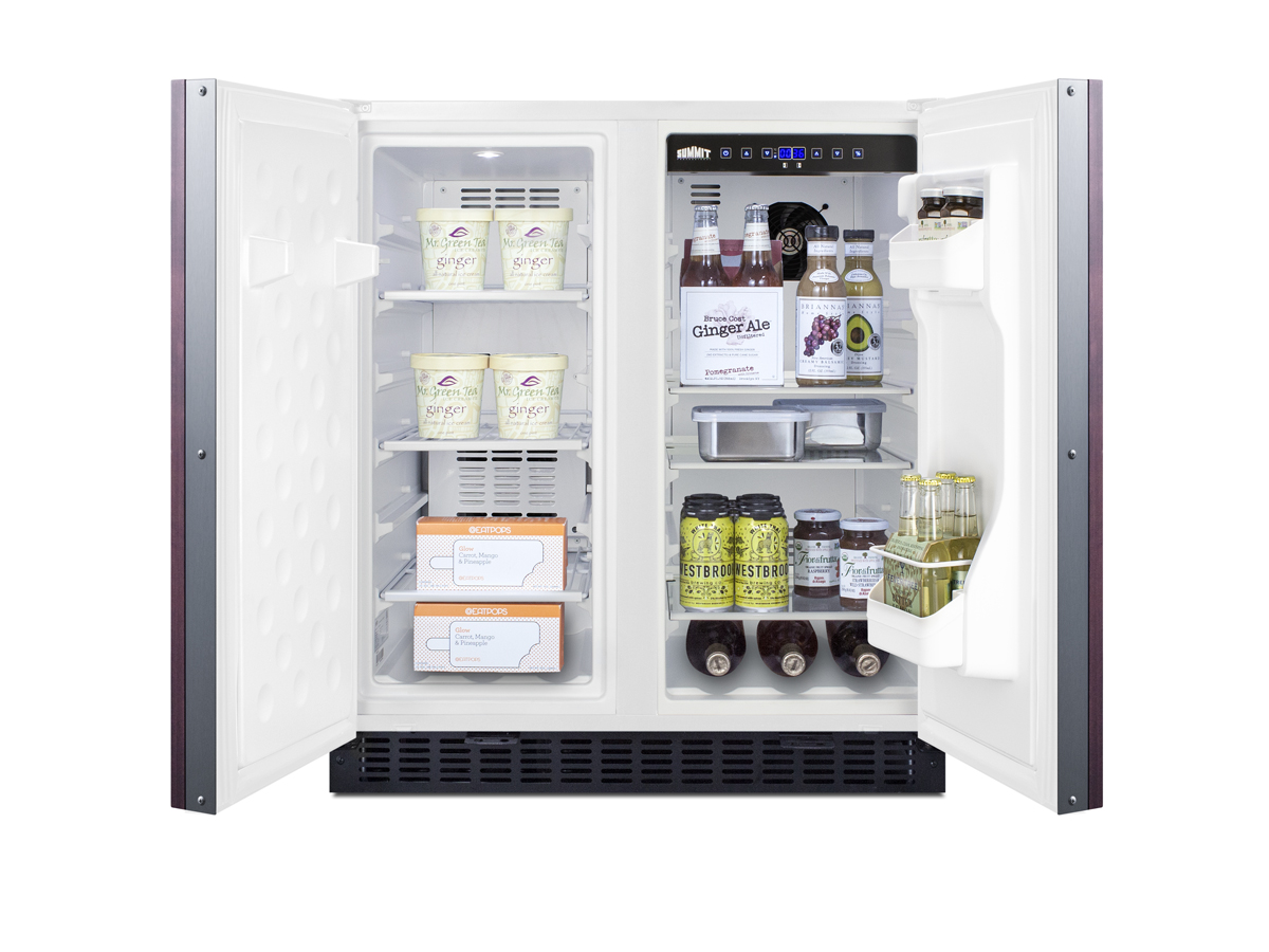 Frost-free side-by-side refrigerator-freezer for built-in or freestanding use with white cabinet, panel-ready doors, door storage, and digital controls